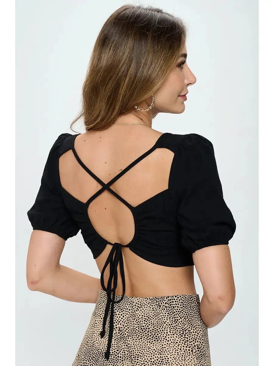 Celeste Solid Linen Crop Top with Open Back | Black