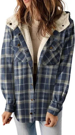 Dokotoo Womens Plaid Shacket Jacket Long Sleeve Button Down Fleece Hooded Jackets Warm Coat