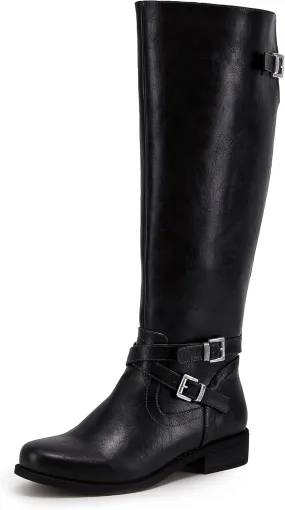 Ermonn Womens Knee High Boots Wide Calf Flat Low Heel Side Zipper Faux Leather Fashion Winter Riding Boot