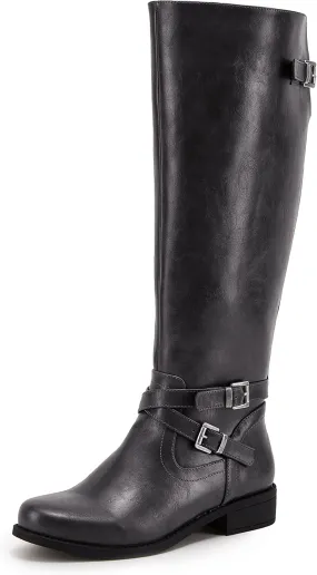 Ermonn Womens Knee High Boots Wide Calf Flat Low Heel Side Zipper Faux Leather Fashion Winter Riding Boot