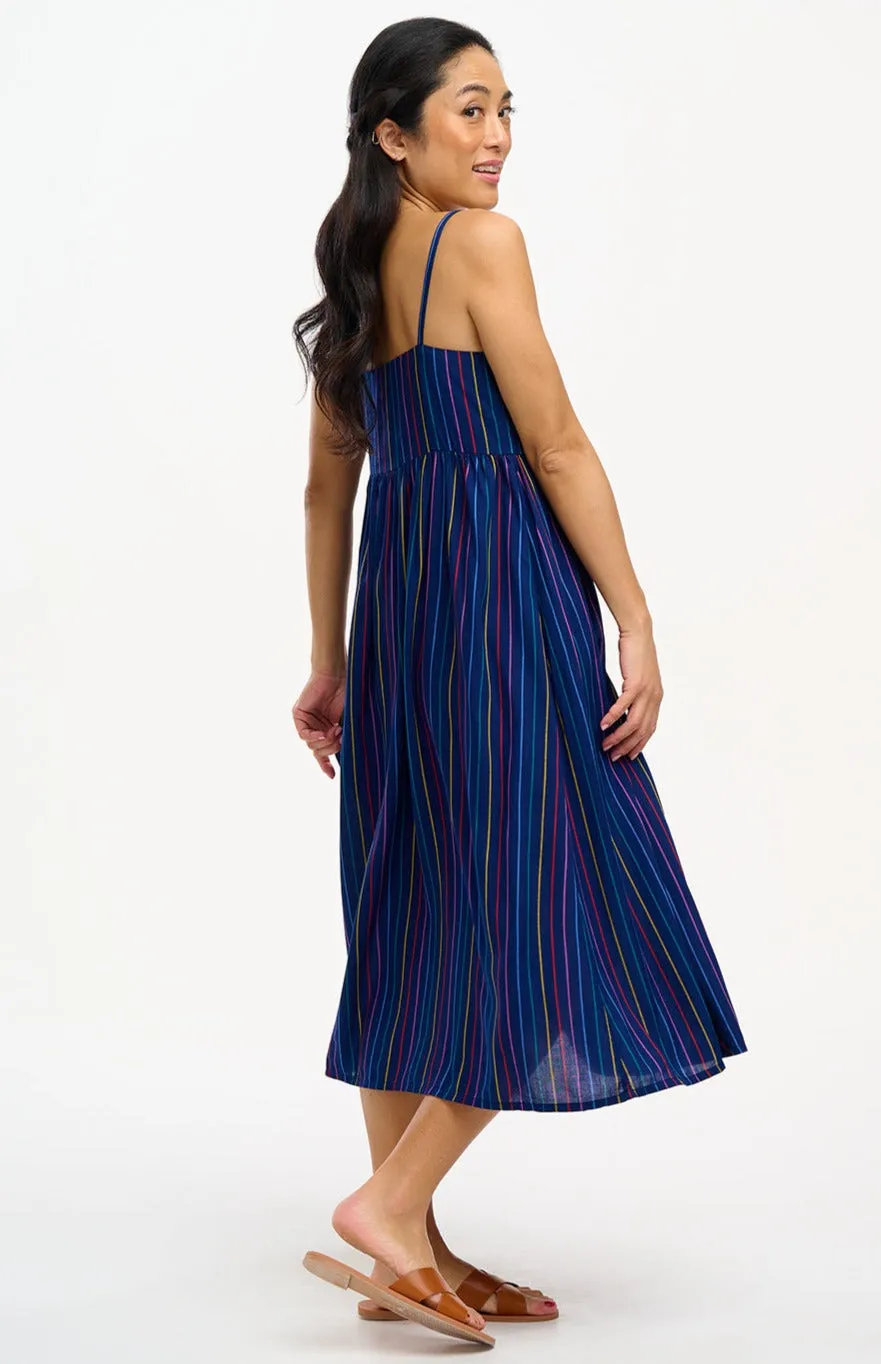 Gracie Midi Sundress - Navy, Thin Rainbow Stripe