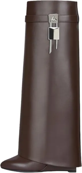 keleimusi Fold Over Wedge Boots Heeled PadLock Pant Knee High Shoes Tall/Short Booties in Black