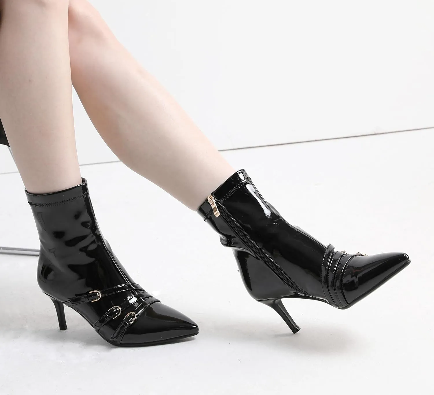 Knee High Boots for Women Strappy Buckles Stiletto Heel Pointed Toe Side Zipper Soft PU Leather Sexy Dress Long Boots and Ankle Booties