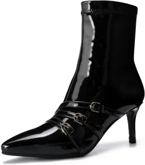 Knee High Boots for Women Strappy Buckles Stiletto Heel Pointed Toe Side Zipper Soft PU Leather Sexy Dress Long Boots and Ankle Booties