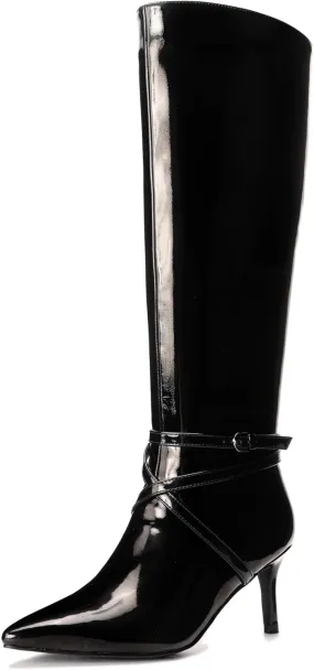 Knee High Boots for Women Strappy legs Stiletto Heel Pointed Toe Side Zipper Soft PU Leather Sexy Dress Long Boots
