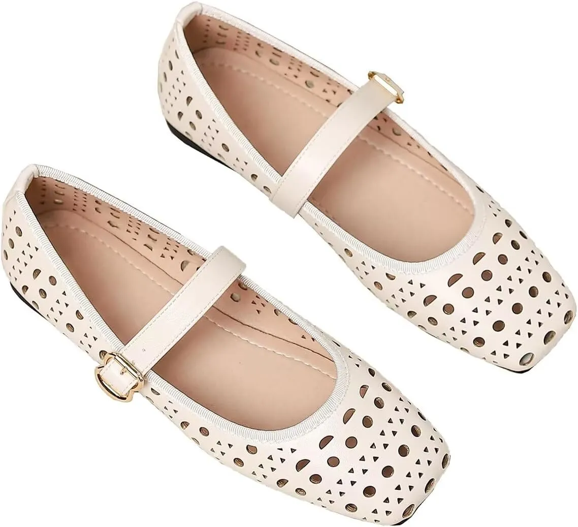 LUXINYU Women Summer Comfortable Low Heel Mary Jane Flats Fashion Breathable Dress Shoes Square Toe Buckle Strap Office Shoes Beach Shoes