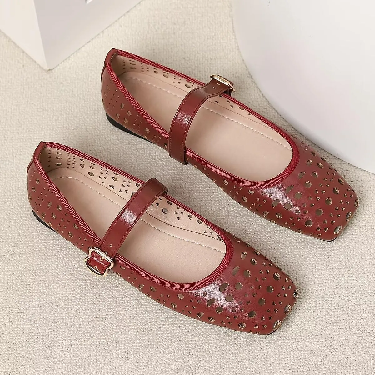 LUXINYU Women Summer Comfortable Low Heel Mary Jane Flats Fashion Breathable Dress Shoes Square Toe Buckle Strap Office Shoes Beach Shoes