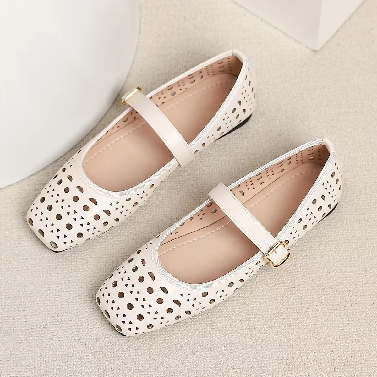 LUXINYU Women Summer Comfortable Low Heel Mary Jane Flats Fashion Breathable Dress Shoes Square Toe Buckle Strap Office Shoes Beach Shoes