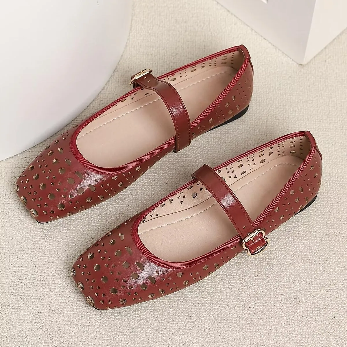 LUXINYU Women Summer Comfortable Low Heel Mary Jane Flats Fashion Breathable Dress Shoes Square Toe Buckle Strap Office Shoes Beach Shoes
