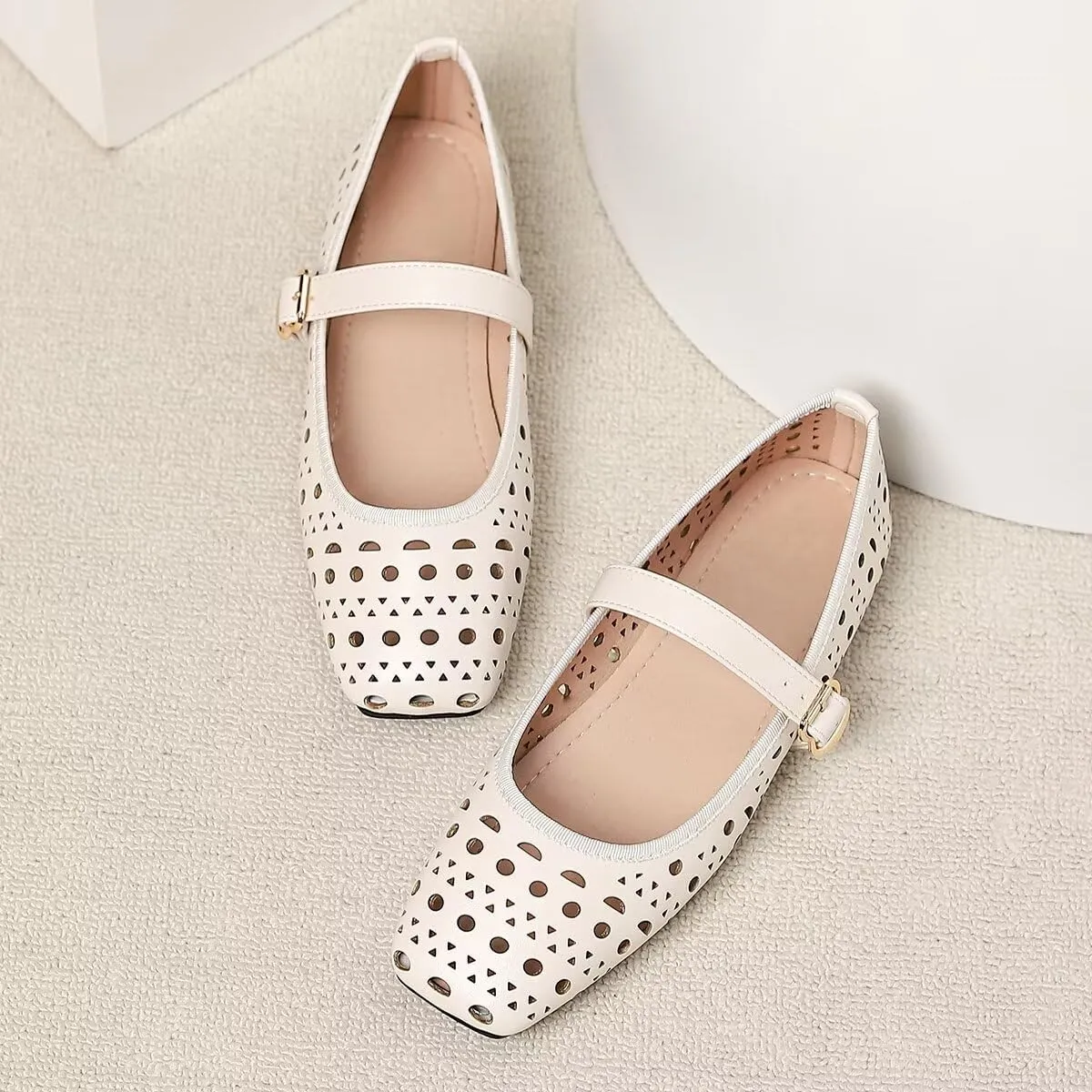 LUXINYU Women Summer Comfortable Low Heel Mary Jane Flats Fashion Breathable Dress Shoes Square Toe Buckle Strap Office Shoes Beach Shoes