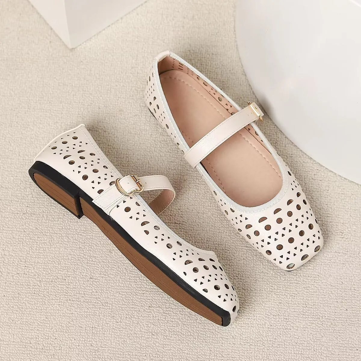 LUXINYU Women Summer Comfortable Low Heel Mary Jane Flats Fashion Breathable Dress Shoes Square Toe Buckle Strap Office Shoes Beach Shoes
