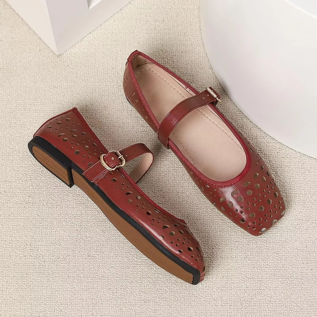 LUXINYU Women Summer Comfortable Low Heel Mary Jane Flats Fashion Breathable Dress Shoes Square Toe Buckle Strap Office Shoes Beach Shoes