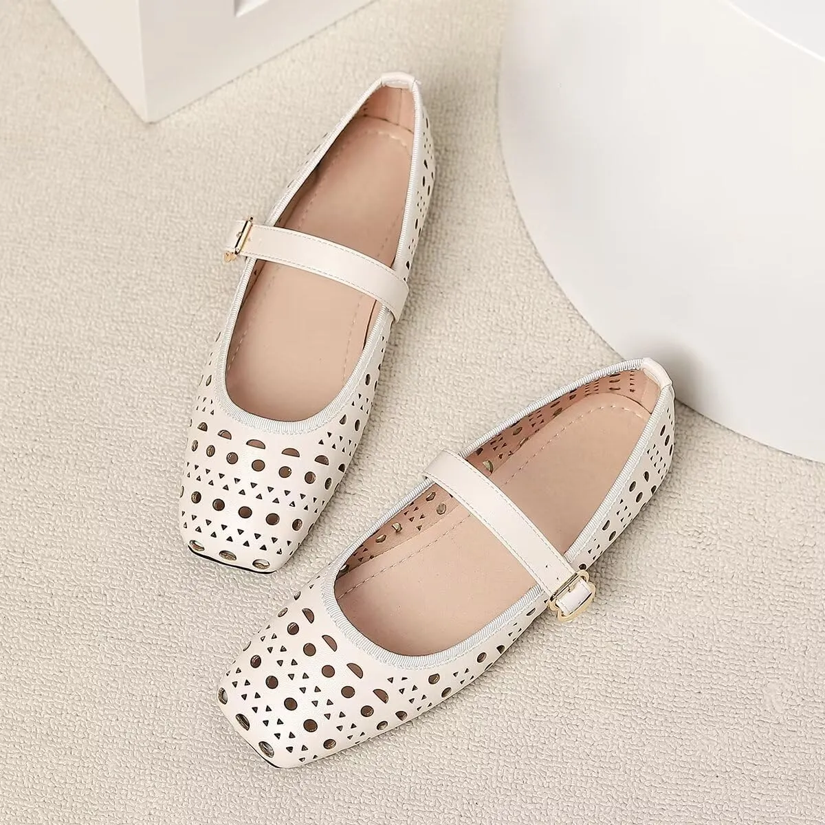 LUXINYU Women Summer Comfortable Low Heel Mary Jane Flats Fashion Breathable Dress Shoes Square Toe Buckle Strap Office Shoes Beach Shoes