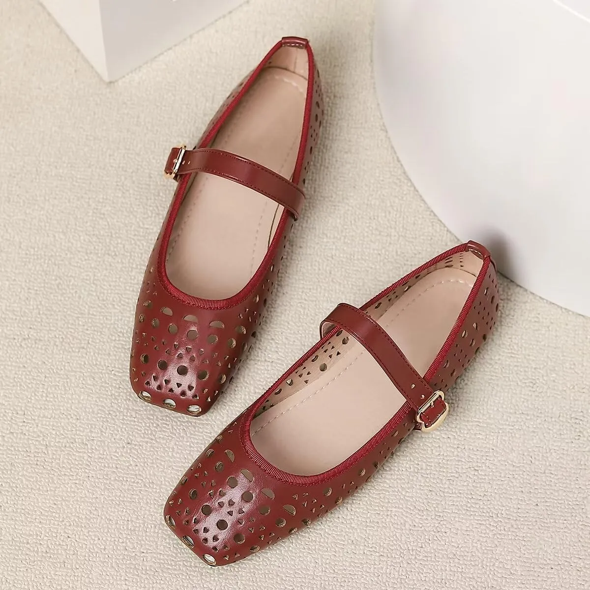 LUXINYU Women Summer Comfortable Low Heel Mary Jane Flats Fashion Breathable Dress Shoes Square Toe Buckle Strap Office Shoes Beach Shoes