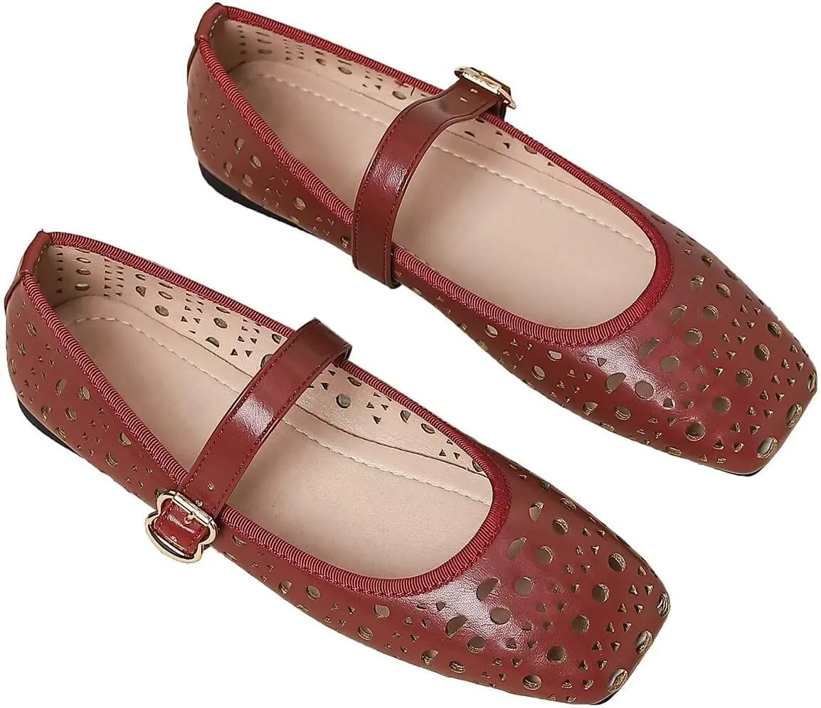 LUXINYU Women Summer Comfortable Low Heel Mary Jane Flats Fashion Breathable Dress Shoes Square Toe Buckle Strap Office Shoes Beach Shoes