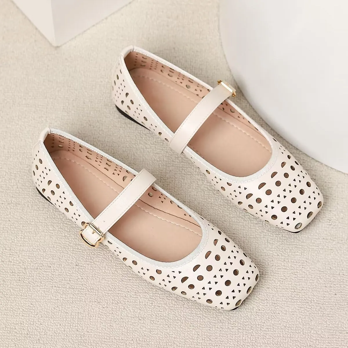 LUXINYU Women Summer Comfortable Low Heel Mary Jane Flats Fashion Breathable Dress Shoes Square Toe Buckle Strap Office Shoes Beach Shoes