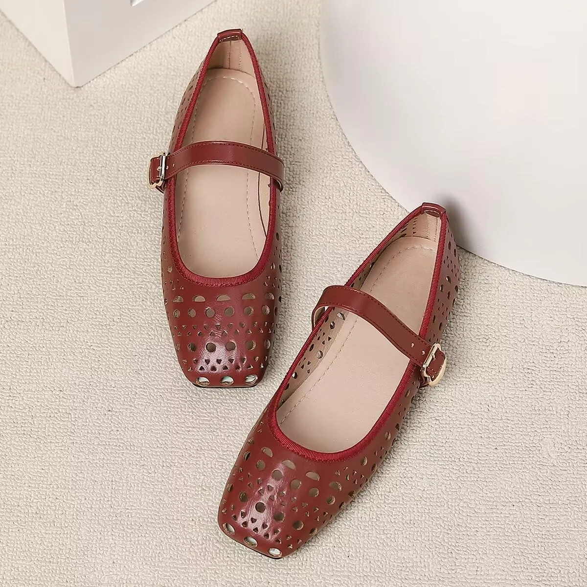 LUXINYU Women Summer Comfortable Low Heel Mary Jane Flats Fashion Breathable Dress Shoes Square Toe Buckle Strap Office Shoes Beach Shoes
