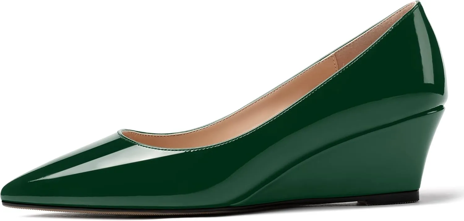 MERRORI Women's Slip On Patent Solid Square Toe Wedge Low Heel Pumps Shoes 2 Inch