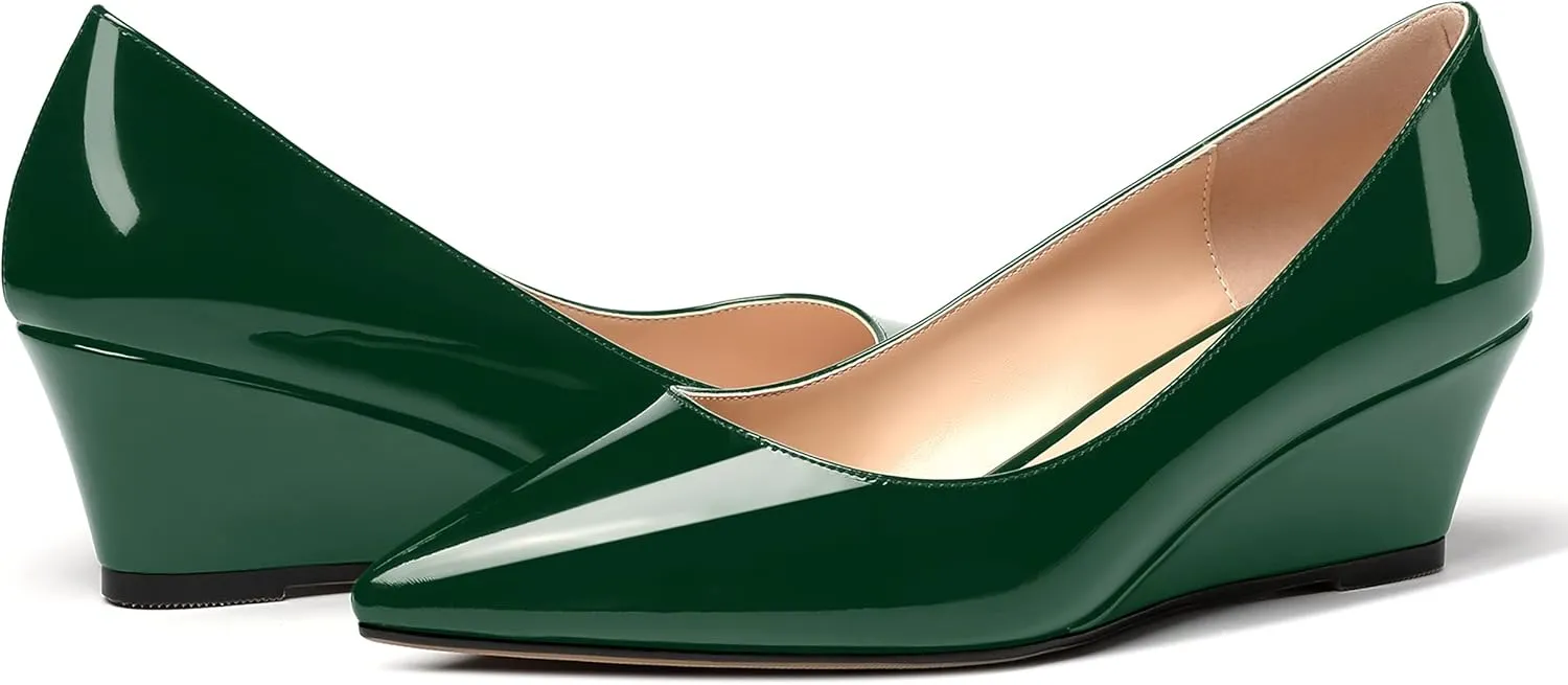 MERRORI Women's Slip On Patent Solid Square Toe Wedge Low Heel Pumps Shoes 2 Inch