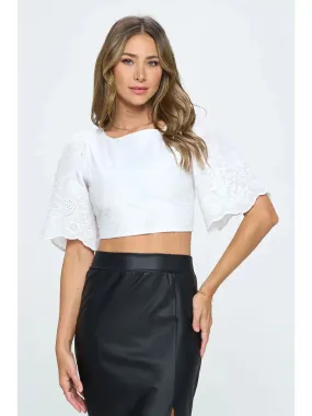 Paige Embroidered Cotton Crop Top | White