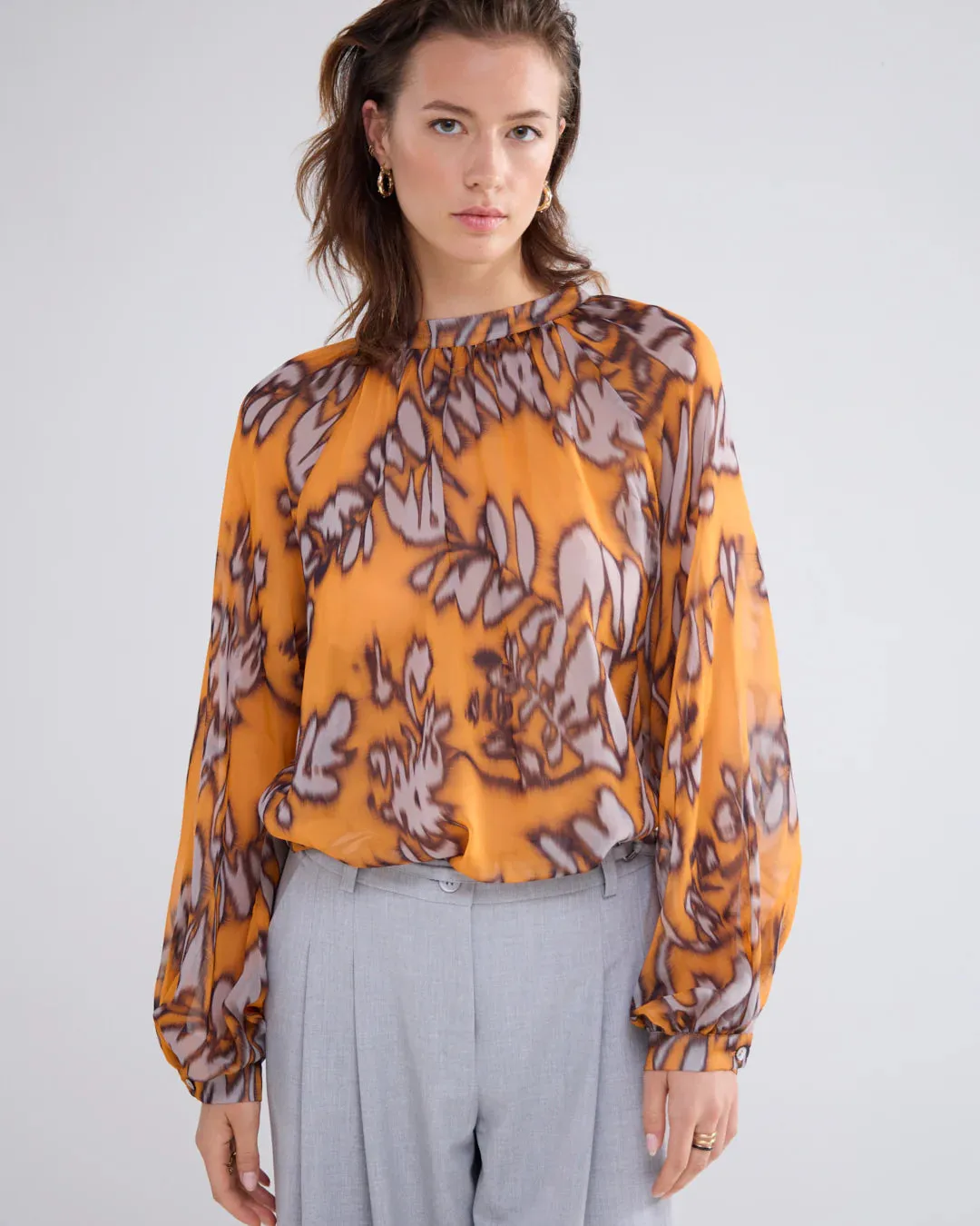 Summum Orange Leaf Print Gathered Neck Top