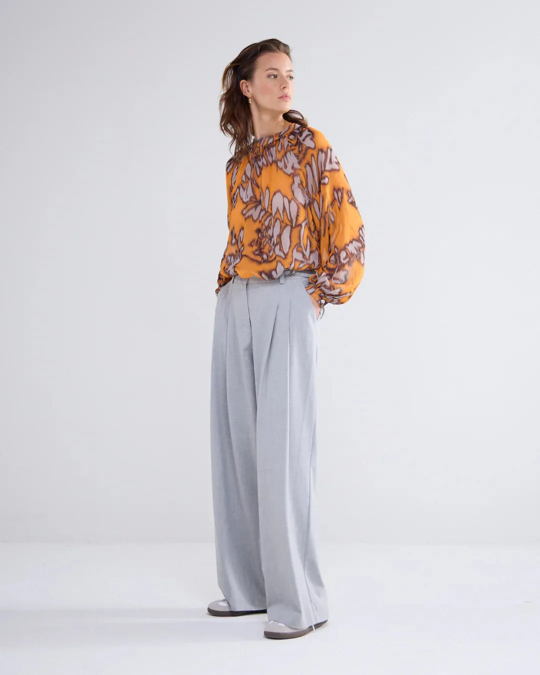 Summum Orange Leaf Print Gathered Neck Top