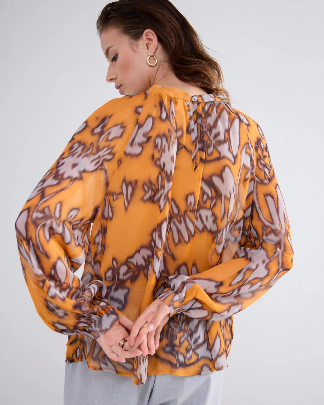 Summum Orange Leaf Print Gathered Neck Top