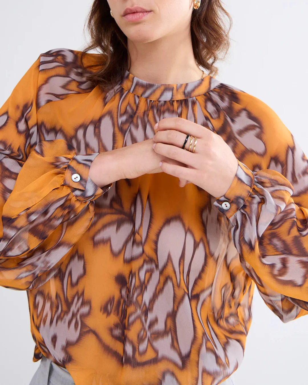 Summum Orange Leaf Print Gathered Neck Top