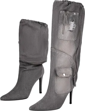 TAEPUSR Women's Stiletto Knee High Denim Pull On Cowgirl Mid Calf Boots Pointed Toe Western Cowboy Boots with Pockets and Zipper Decorate