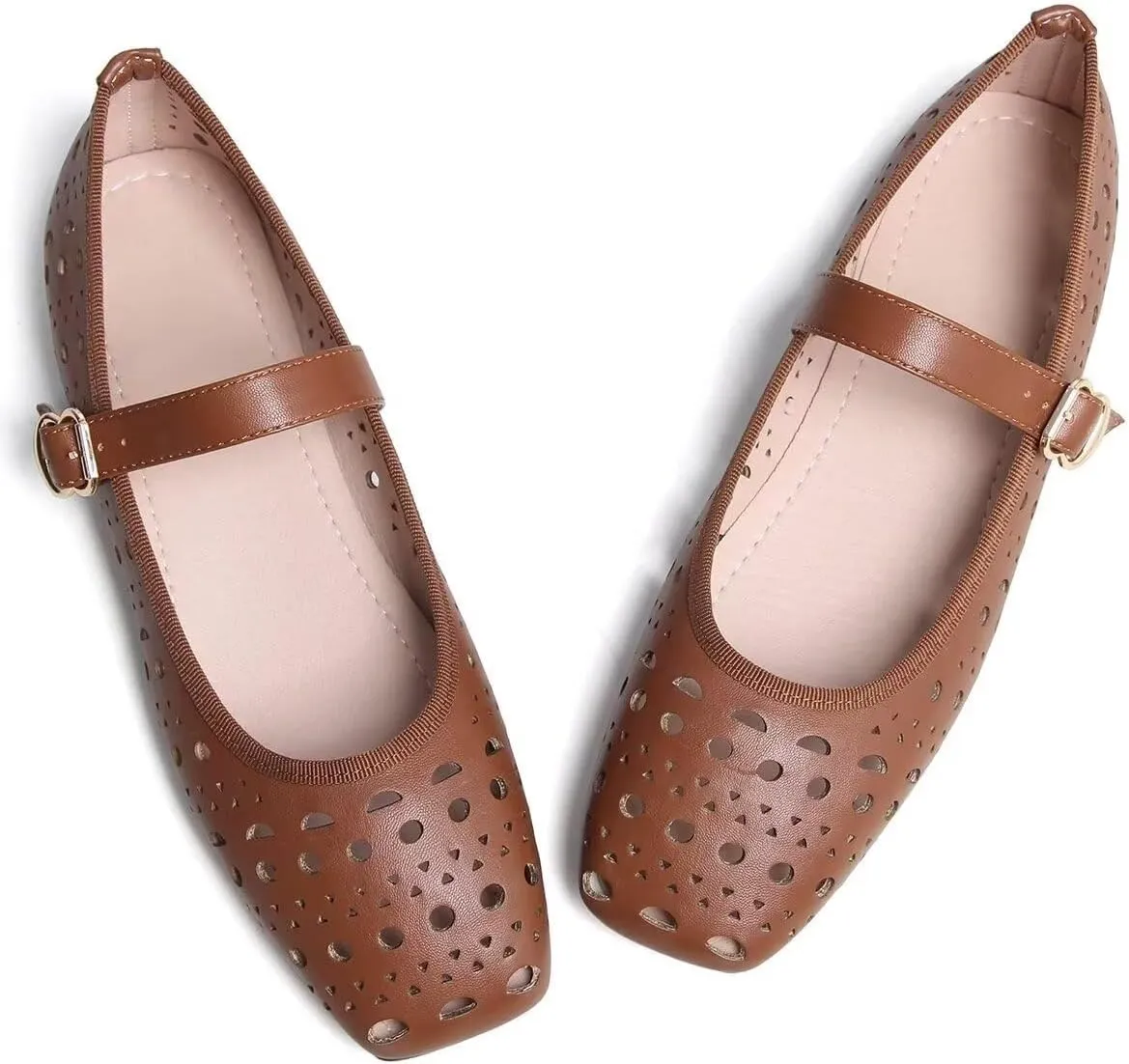 Women Summer Mary Jane Flats Breathable Low Heel Fashion Dress Shoes Square Toe Buckle Strap Casual Office Beach Shoes