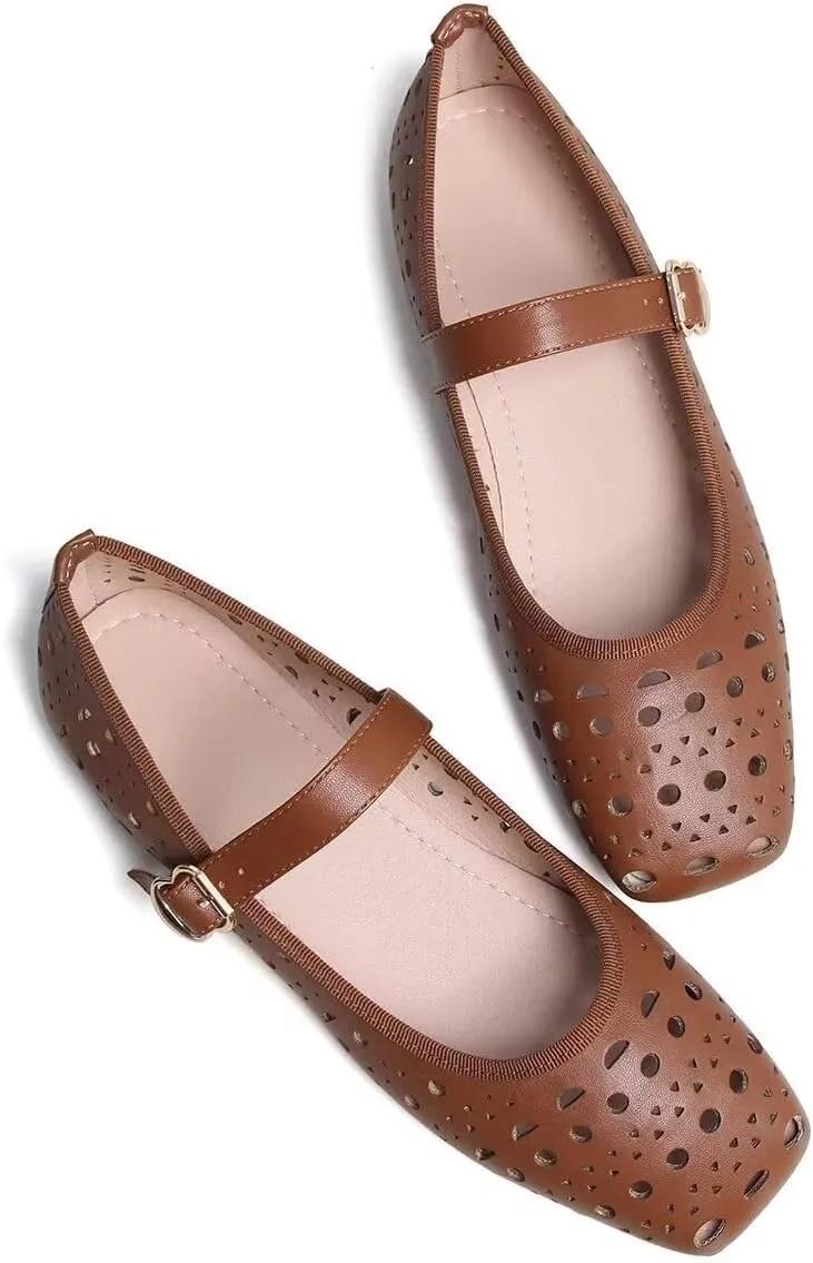 Women Summer Mary Jane Flats Breathable Low Heel Fashion Dress Shoes Square Toe Buckle Strap Casual Office Beach Shoes