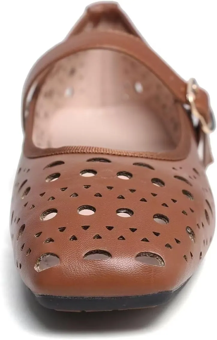 Women Summer Mary Jane Flats Breathable Low Heel Fashion Dress Shoes Square Toe Buckle Strap Casual Office Beach Shoes