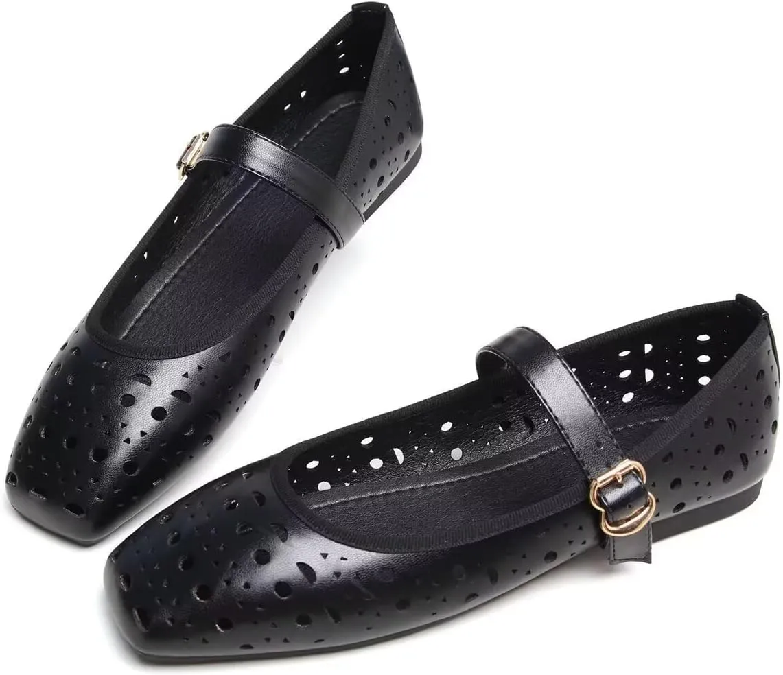 Women Summer Mary Jane Flats Breathable Low Heel Fashion Dress Shoes Square Toe Buckle Strap Casual Office Beach Shoes