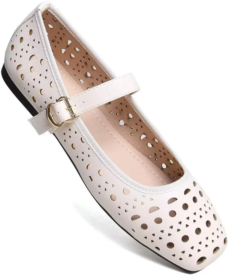 Women Summer Mary Jane Flats Breathable Low Heel Fashion Dress Shoes Square Toe Buckle Strap Casual Office Beach Shoes