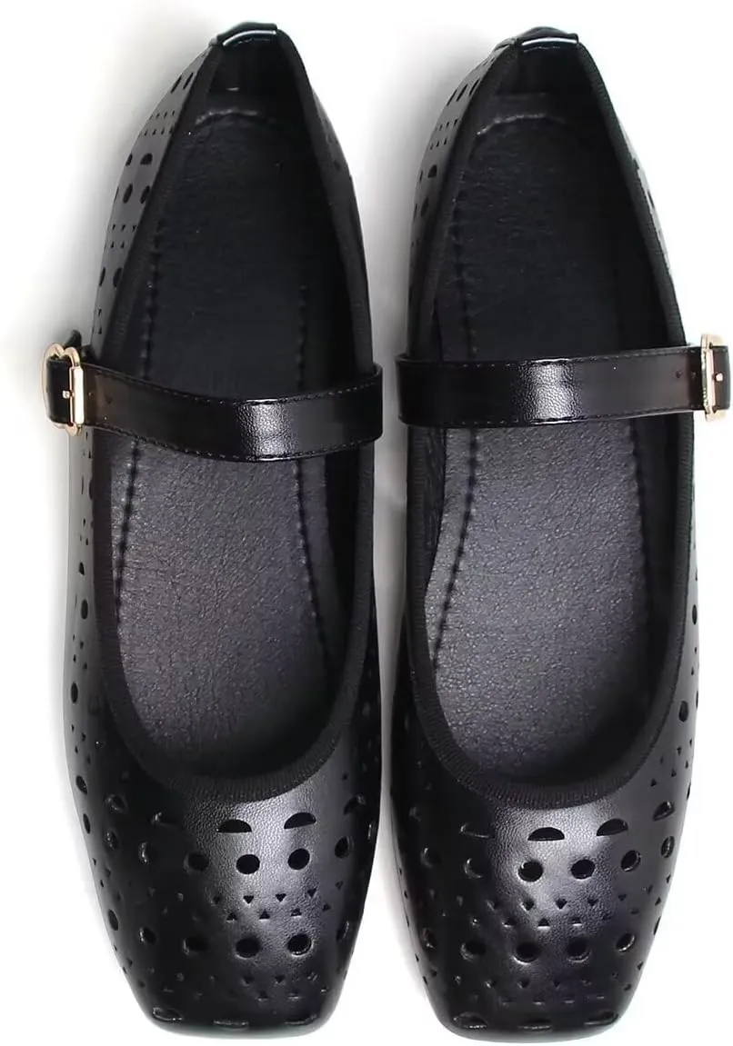 Women Summer Mary Jane Flats Breathable Low Heel Fashion Dress Shoes Square Toe Buckle Strap Casual Office Beach Shoes