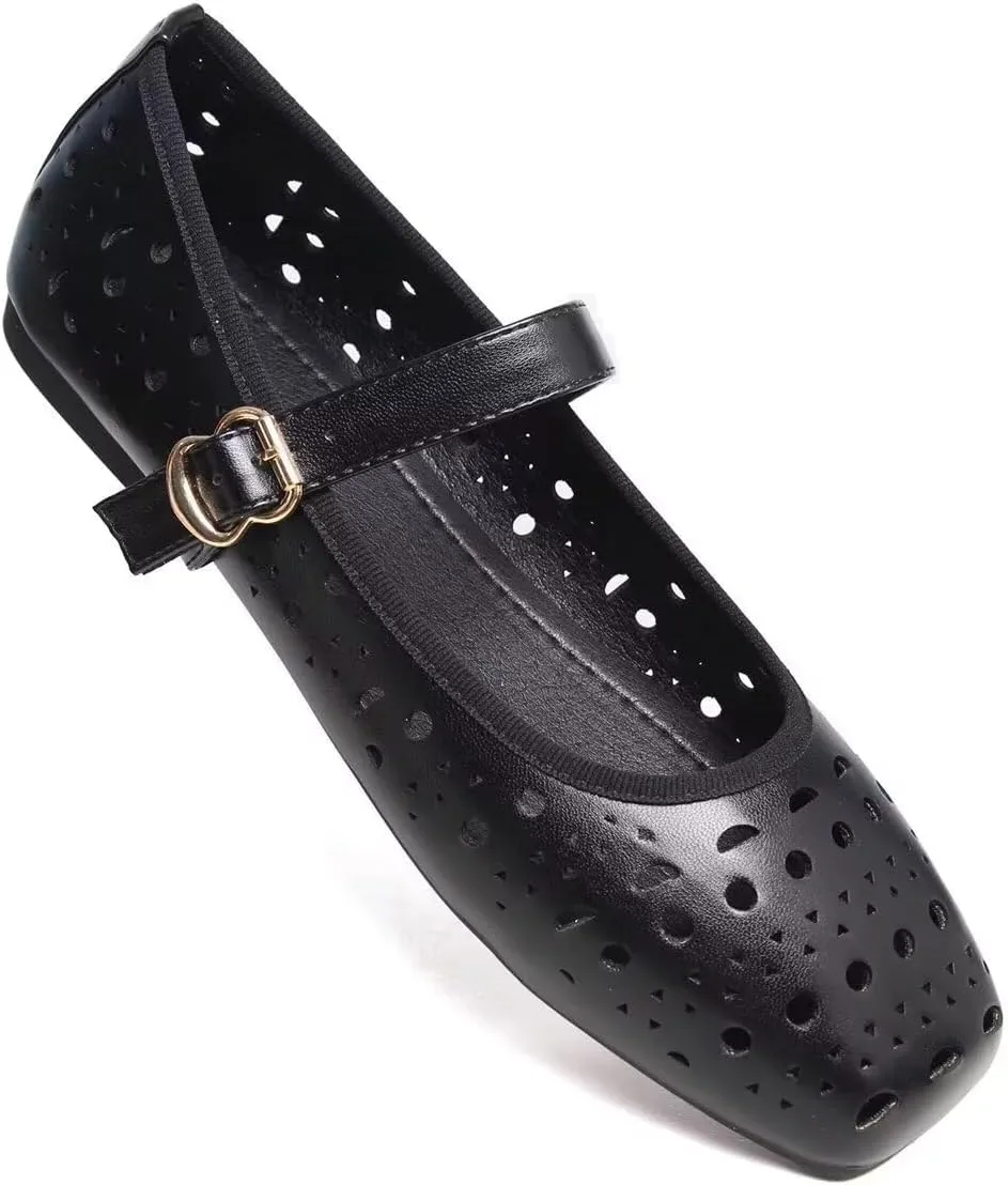Women Summer Mary Jane Flats Breathable Low Heel Fashion Dress Shoes Square Toe Buckle Strap Casual Office Beach Shoes