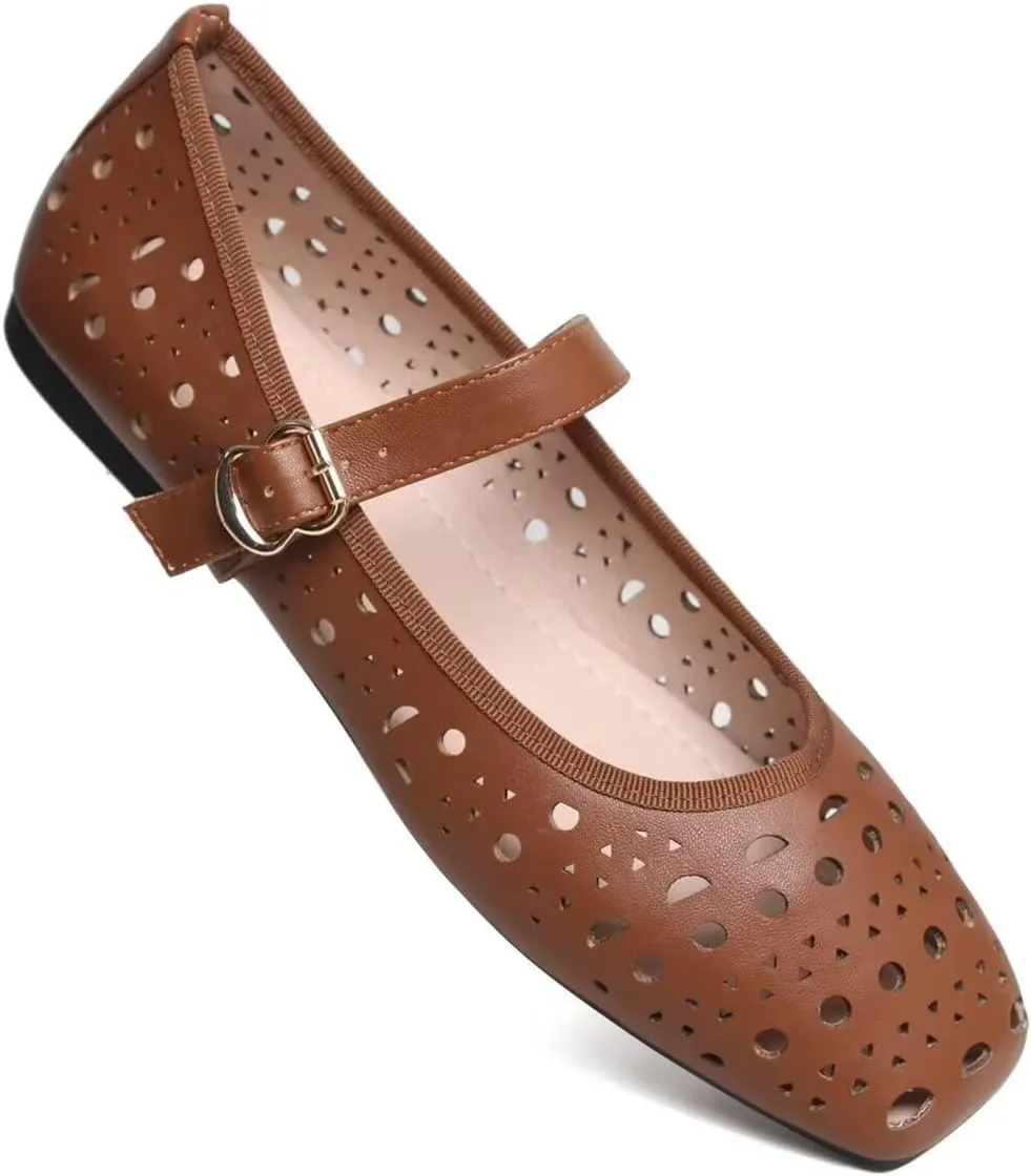 Women Summer Mary Jane Flats Breathable Low Heel Fashion Dress Shoes Square Toe Buckle Strap Casual Office Beach Shoes
