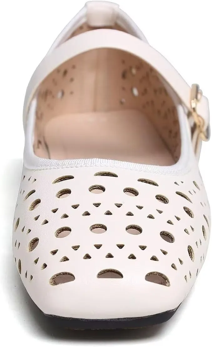 Women Summer Mary Jane Flats Breathable Low Heel Fashion Dress Shoes Square Toe Buckle Strap Casual Office Beach Shoes