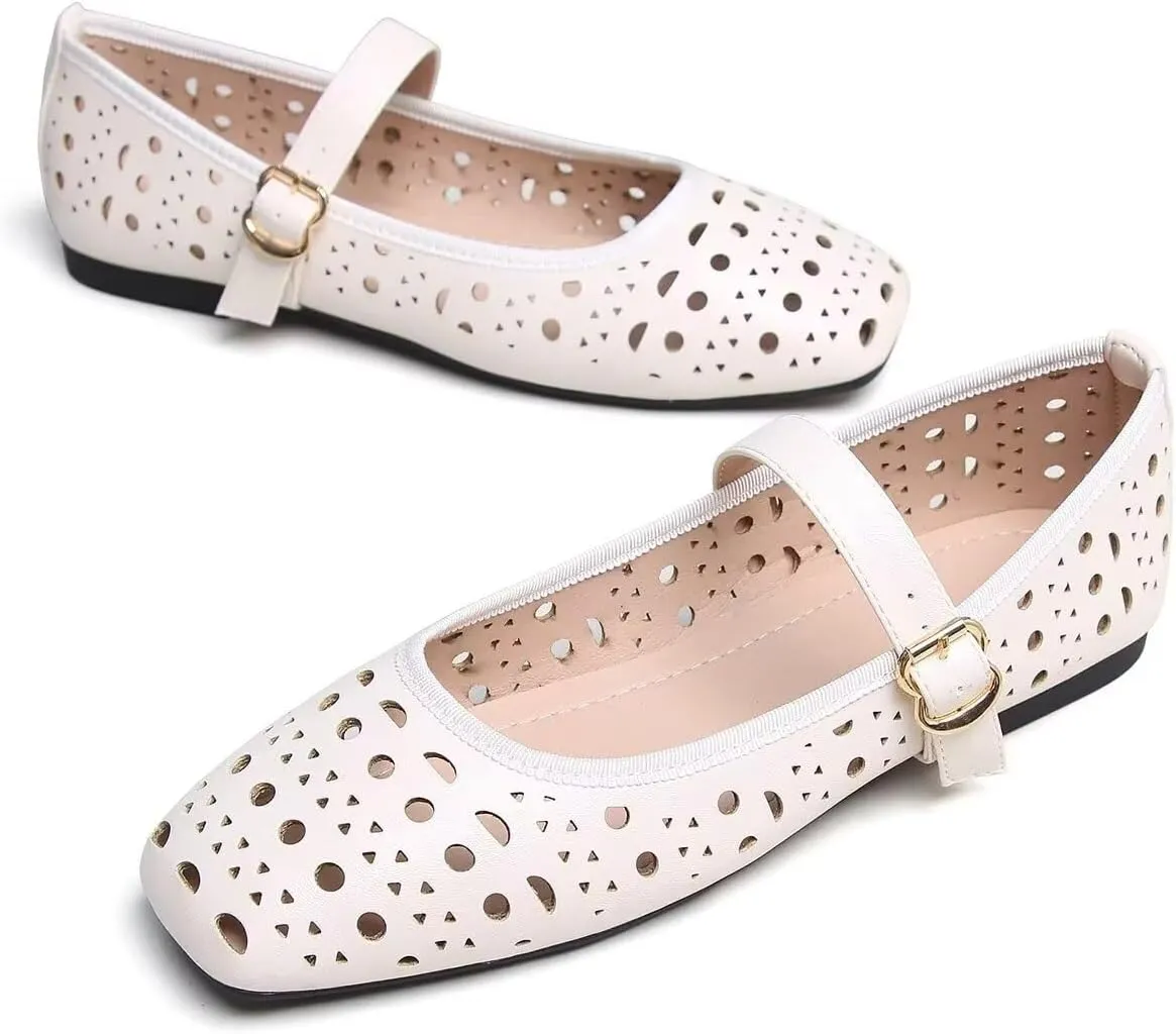 Women Summer Mary Jane Flats Breathable Low Heel Fashion Dress Shoes Square Toe Buckle Strap Casual Office Beach Shoes