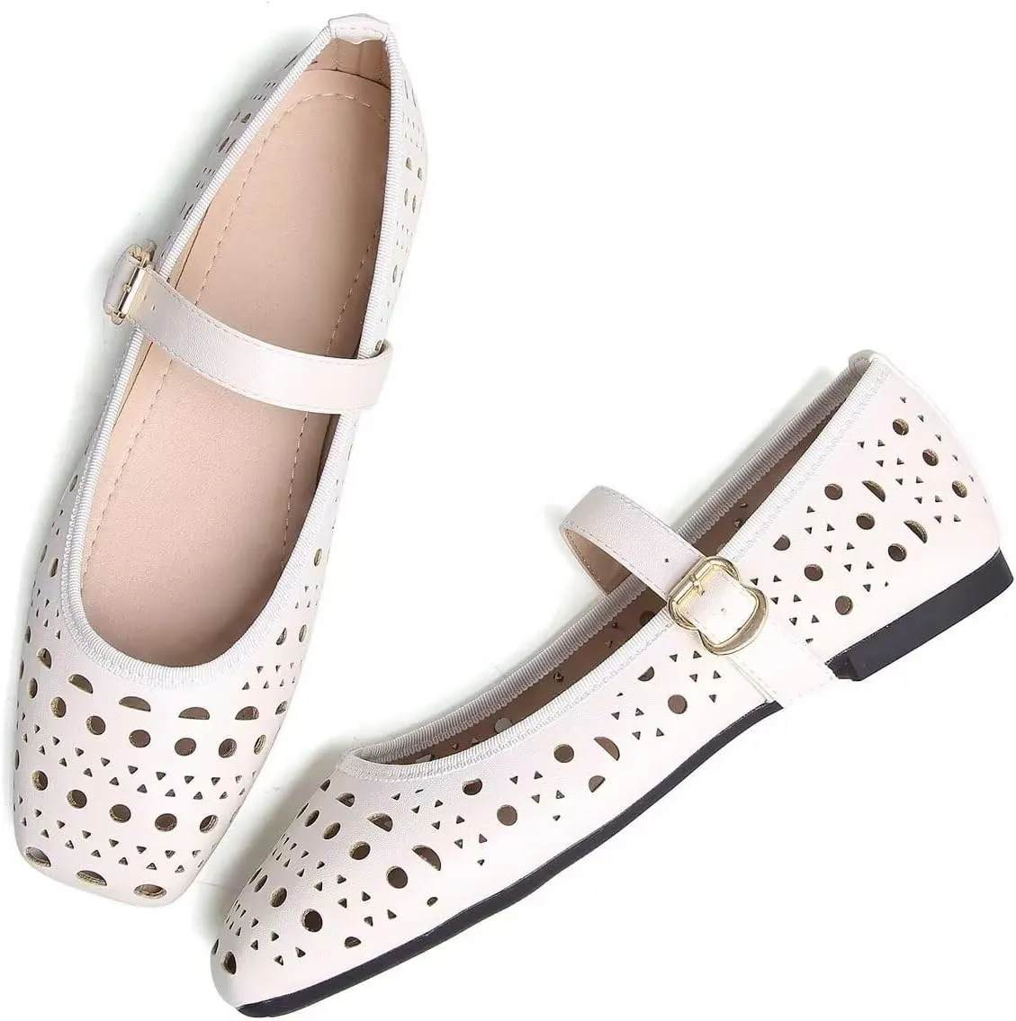Women Summer Mary Jane Flats Breathable Low Heel Fashion Dress Shoes Square Toe Buckle Strap Casual Office Beach Shoes