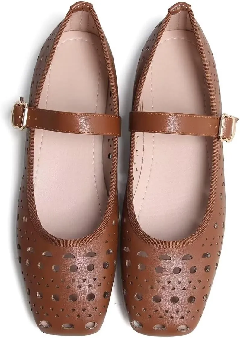 Women Summer Mary Jane Flats Breathable Low Heel Fashion Dress Shoes Square Toe Buckle Strap Casual Office Beach Shoes